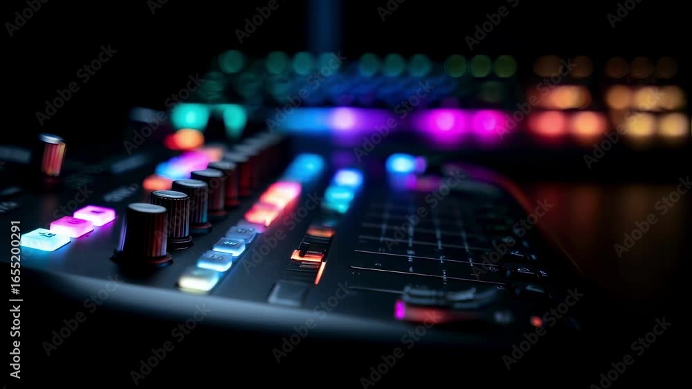 Poster professional audio mixer with colorful backlit buttons and knobs illuminating dark studio, creating 