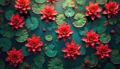 Vibrant red water lilies bloom on serene dark teal water surface. Lush green lily pads surround flowers. Small red berries add festive detail to tranquil pond scene. Peaceful, natural beauty.
