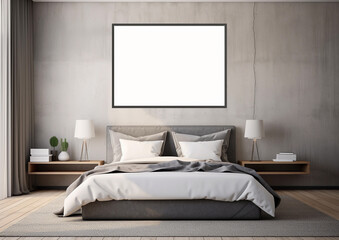 blank frame mockup interior of bedroom with bed