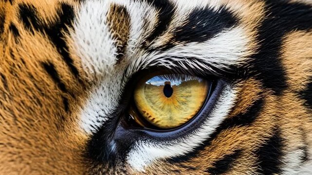 Macro close-up of tiger eye with sharp golden iris reflecting light, intense predator gaze of majestic big cat in wildlife environment