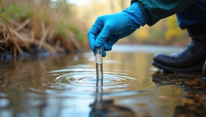 Scientist in blue gloves collects river water sample in test tube for environmental safety and public health analysis. Close-up shows water ripples, autumn vegetation on river bank.