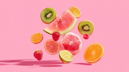 Various fruits including watermelon, kiwi, citrus, and berries are displayed in mid-air against a bright pink background. This colorful arrangement highlights freshness and summer vibes.