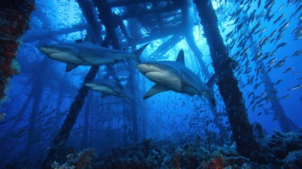 Three sharks glide effortlessly under a submerged platform surrounded by a cloud of smaller fish, illustrating a lively underwater ecosystem in the ocean depths.