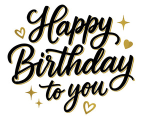 Elegant happy birthday message in golden cursive script. Hand-drawn sketched doodle badge with scribble, marker, ink, vector label, transparent background