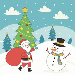 Fototapeta premium Whimsical Santa Claus with Gift Bag Meets a Snowman in a Snowy Winter Landscape with Decorated Christmas Trees