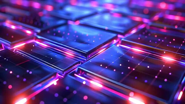 Luminescent blue purple cubic elements sliding dynamically, creating sleek technological visualization representing digital networks and futuristic connectivity patterns