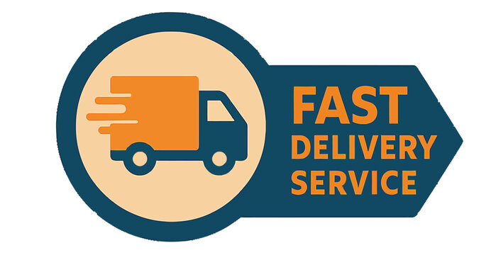 This graphic illustrates fast delivery service with a truck and the phrase 'fast delivery service'. Modern flat vector sticker label with icon and badge style, transparent background