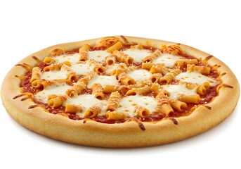 A hearty Ziti Pizza topped with baked ziti pasta, marinara sauce, mozzarella cheese, and parmesan on a thick golden crust, displayed on a white background.