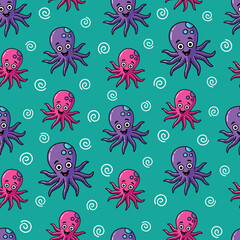 Seamless Vector Cartoon Hand Drawn Happy Octopus Pattern Design In Turquoise Background