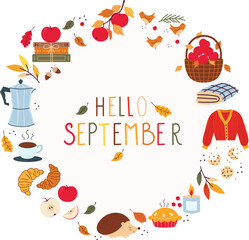 Hello September. Autumn elements round frame. Wreath of autumn elements.