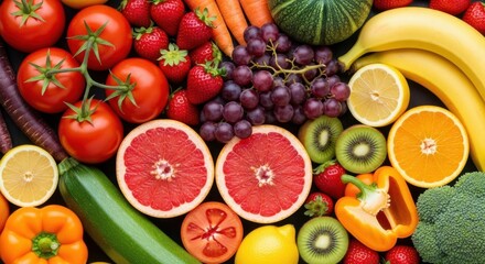 A vibrant assortment of fresh fruits and vegetables, showcasing a healthy and colorful variety of natures bounty