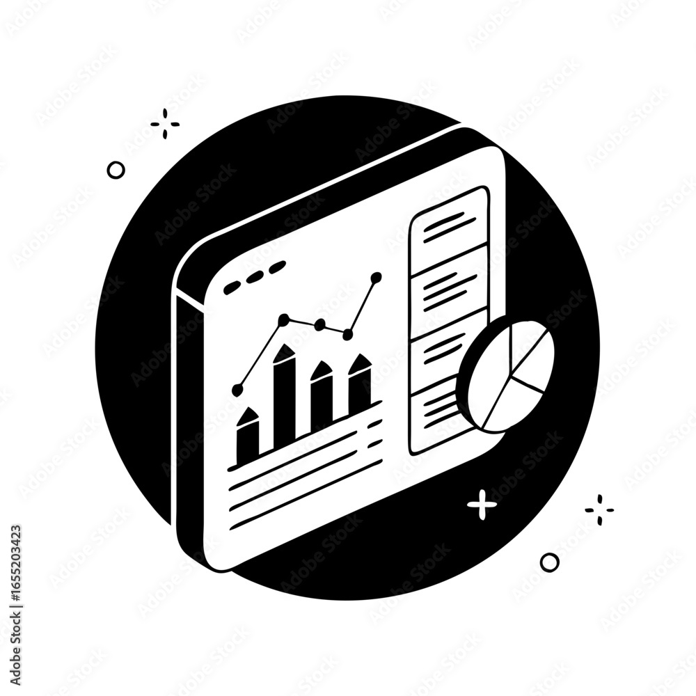 Poster vector art of isometric illustration of a business analytics dashboard with charts and graphs, repre