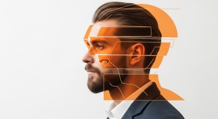 Profile portrait of a man with a beard and stylish hair, overlaid with abstract orange digital elements