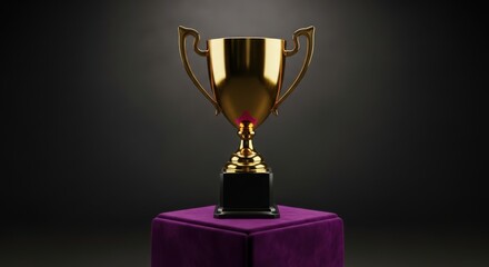Fototapeta premium A gleaming golden trophy sits on a luxurious purple velvet pedestal against a dark, dramatic background, symbolizing success
