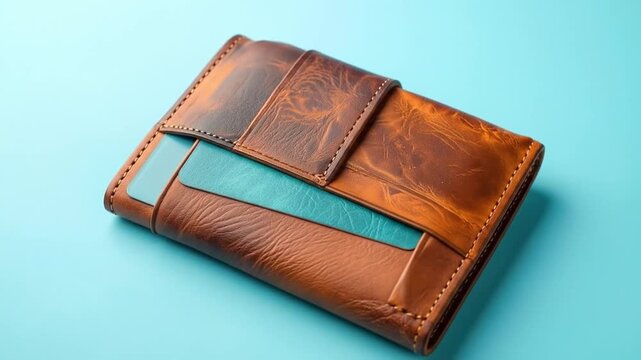 Close Up of a Brown Leather Wallet with Blue Accents on a Light Blue Background in a Studio Setting with Soft Lighting