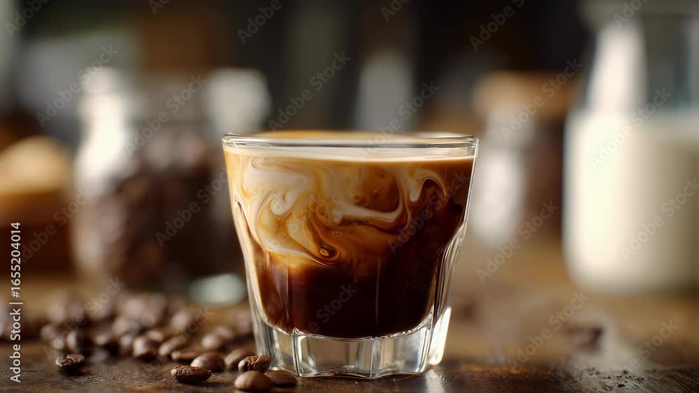 Poster stream of frothy milk pouring into a rich espresso shot creating silky swirls in sharp detail with b