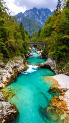 Turquoise river winding through a lush valley