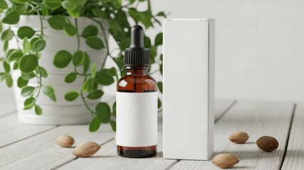 An amber glass dropper bottle with a blank white label sits next to a white box, surrounded by nutmeg seeds and a lush green plant - Powered by Adobe