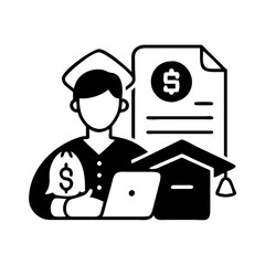 Vector art of student with money bag, laptop, and graduation cap, representing education finance and investment