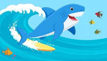 Obraz premium A playful blue shark rides a wave, with a yellow surfboard, in a bright cartoon aquatic scene.