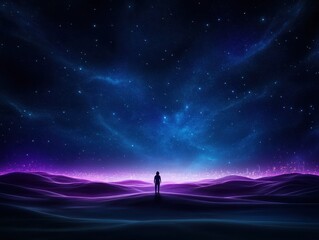 Fototapeta premium Silhouette figure gazing at night sky over illuminated landscape