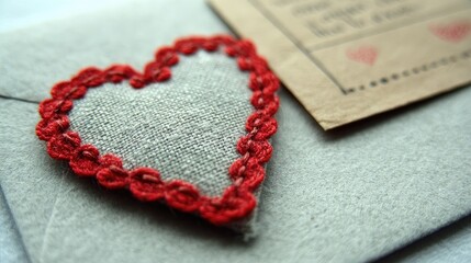 Gray fabric heart applique with red crochet trim on an envelope.