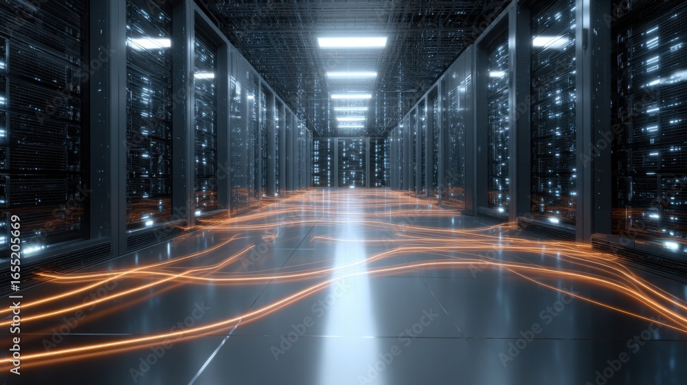Poster a corridor in a data center features rows of servers with illuminated pathways representing data flo