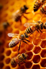 Bees are seen busily collecting nectar and processing honey within a vibrant honeycomb structure in a beehive. The scene captures their essential role in the ecosystem as they move around the cells