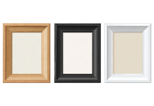 Set of three blank picture frames with wooden frames, isolated on a transparent background in PNG format.