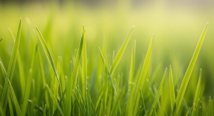 Obraz premium Closeup of vibrant green grass blades with dew drops in soft sunlight, a natural and fresh background
