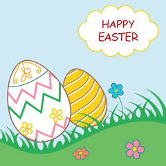 Two decorated easter eggs on green grass with flowers and happy easter text holiday celebration