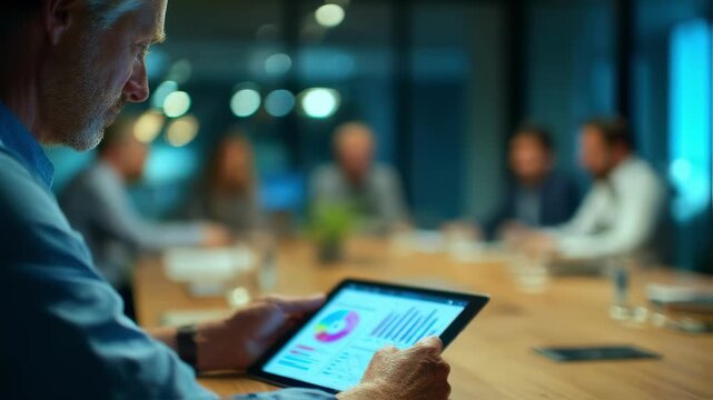 Sharp medium shot of a project manager reviewing conversion charts on a digital tablet during a SaaS freemium war room meeting while other team members remain out of focus around a