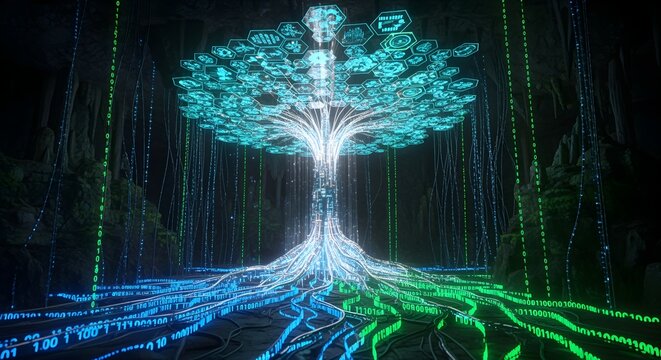 Data roots underground: a binary code roots feeding a glowing tech tree.