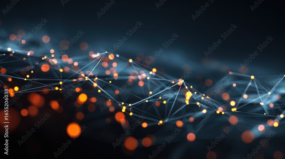 Poster colorful glowing nodes are interconnected by lines, creating an intricate digital network against a 