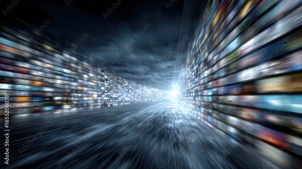 Poster a futuristic view captures a tunnel of vibrant screens displaying various content, with a bright lig