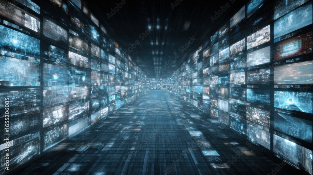 Poster a corridor lined with numerous screens showcases dynamic visuals and data in a futuristic setting. t