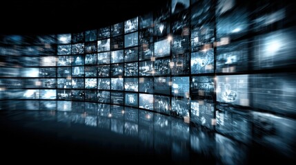 Various digital screens display a wide array of multimedia content, creating an immersive and dynamic environment filled with visual information and technology.