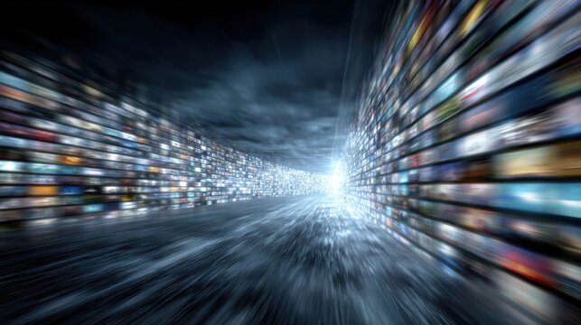 Fototapeta A futuristic view captures a tunnel of vibrant screens displaying various content, with a bright light source at the end. The atmosphere suggests digital innovation and connectivity.
