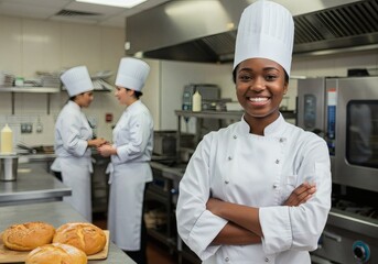 Professional chef team in commercial kitchen with fresh bread