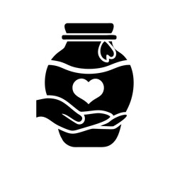 Vector art of cremation urn with a heart symbol held by a caring hand icon