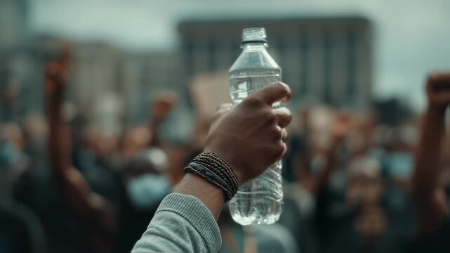 Hand gripping a water bottle during a protest, emphasizing the vital need for hydration while engaging in social activism and peaceful resistance within the community
