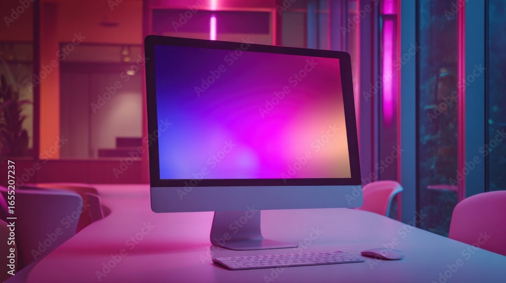 Aufkleber a stylish work desk features a modern computer with a vibrant screen. the workspace is illuminated b