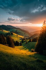 Golden sunlight bathes green hills and dense forests as the sun sets in a serene mountain valley. Shadows stretch along the landscape, creating a peaceful ambiance