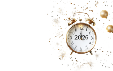 High-resolution image of a countdown clock displaying 2026 surrounded by dynamic festive decorations isolated on transparent background PNG