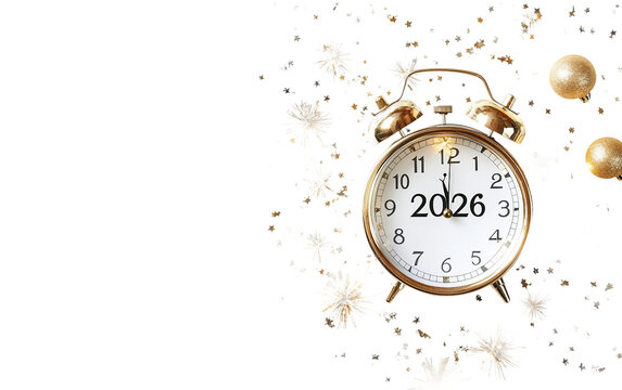 High-resolution image of a countdown clock displaying 2026 surrounded by dynamic festive decorations isolated on transparent background PNG
