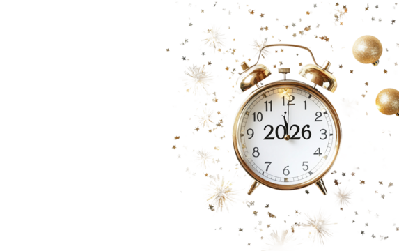 High-resolution image of a countdown clock displaying 2026 surrounded by dynamic festive decorations isolated on transparent background PNG