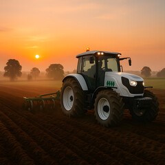 Fototapeta premium Tractor Plowing at Sunrise