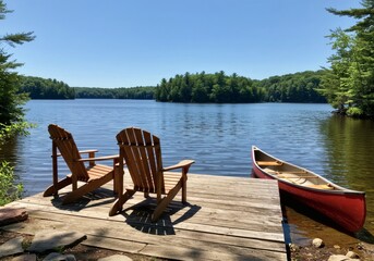 Lake house dock scene: adirondack chairs, canoe, and serene lake view
