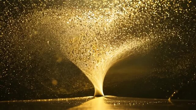 golden dust swirling in vortex pattern above reflective dark plane
