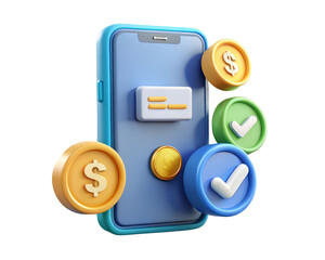 3d Illustration of a blue smartphone with coins and checkmarks floating around it on a white background png, transparent background